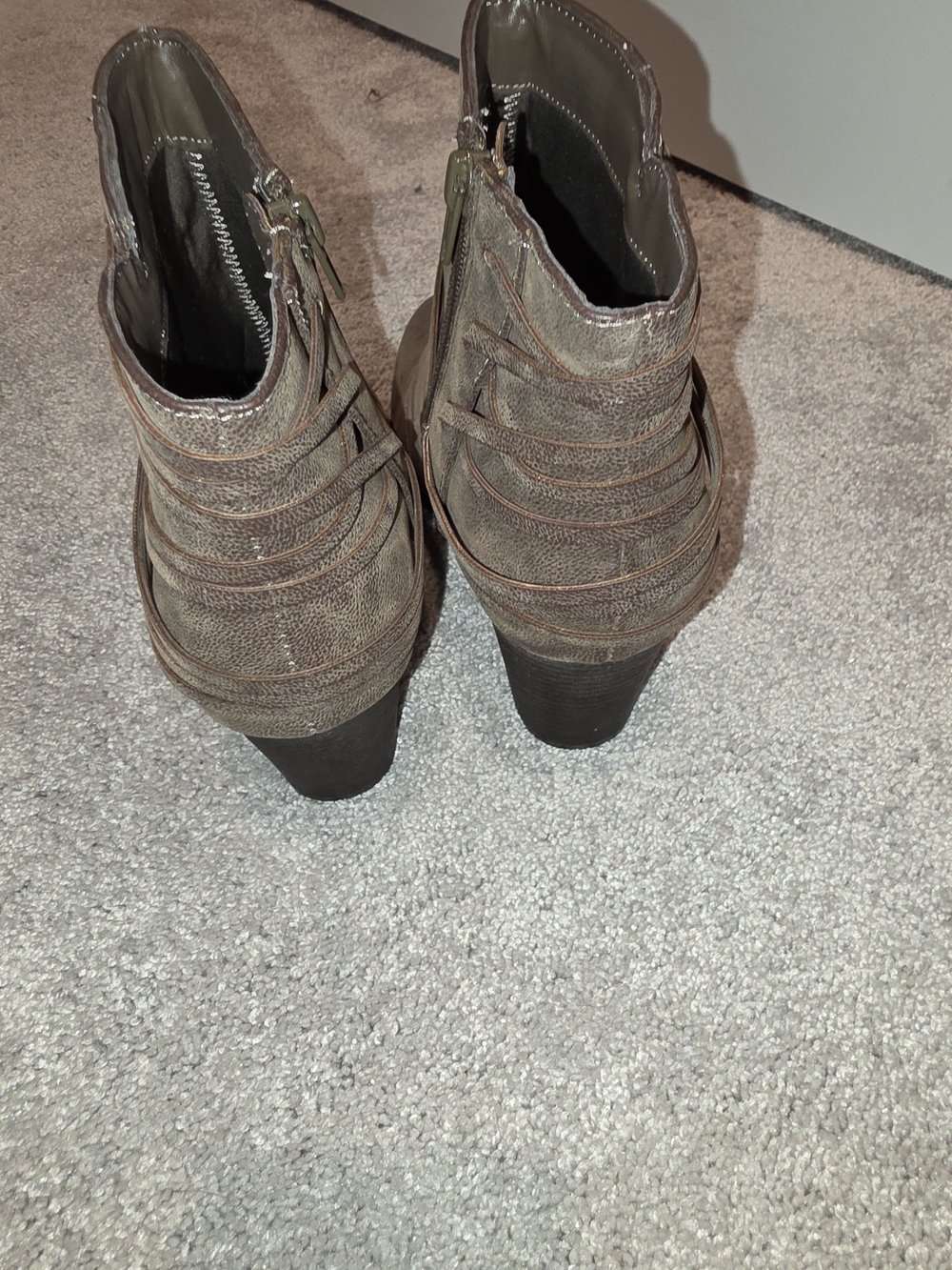 Fergalicious Taupe Brown Faux-Leather Ankle Booties with Stacked Heel - Picture 4 of 4